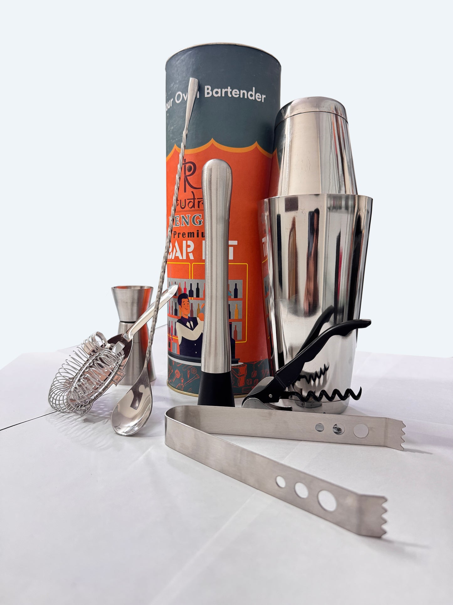 Rudra Exports Premium Bar Kit Boston Shaker Bar Tools Set Bartender Kit with All Bar Accessories (8 pcs Set)