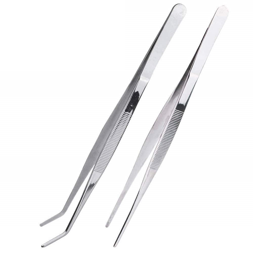 2 Pcs Stainless Steel Tweezers Straight Long Food Tongs Kitchen