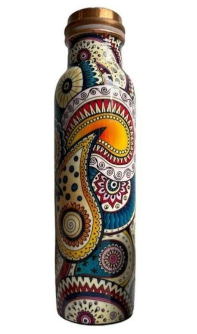 Rudra Exports Meena Printed Copper Water Bottle 1000 ML White