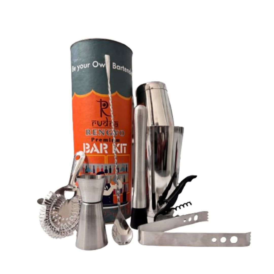 Rudra Exports Premium Bar Kit Boston Shaker Bar Tools Set Bartender Kit with All Bar Accessories (8 pcs Set)