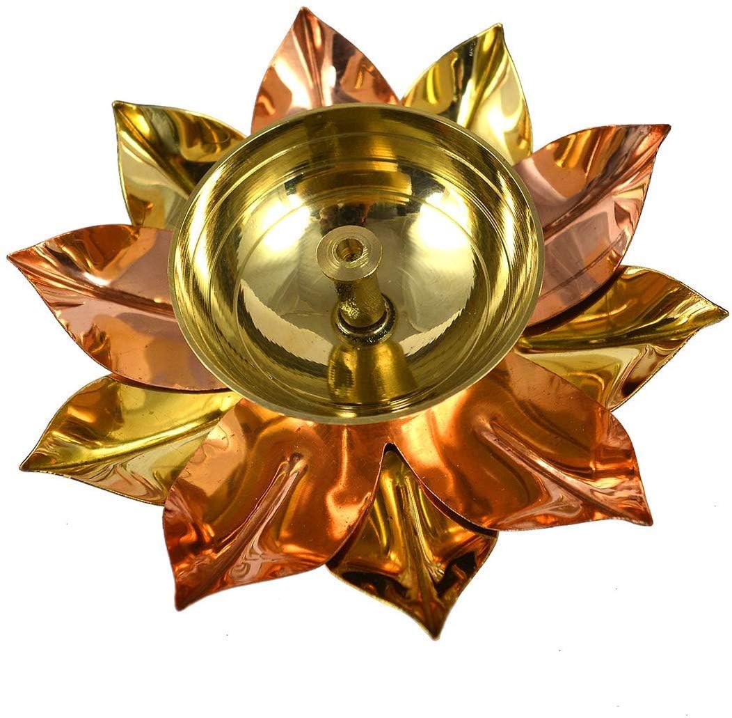 Rengvo Rudra Exports Brass & Copper Akhand Jyot Diya with Decorative Oil Diya Lotus Shape for Diwali, Puja and Festival Decoration Set of 2