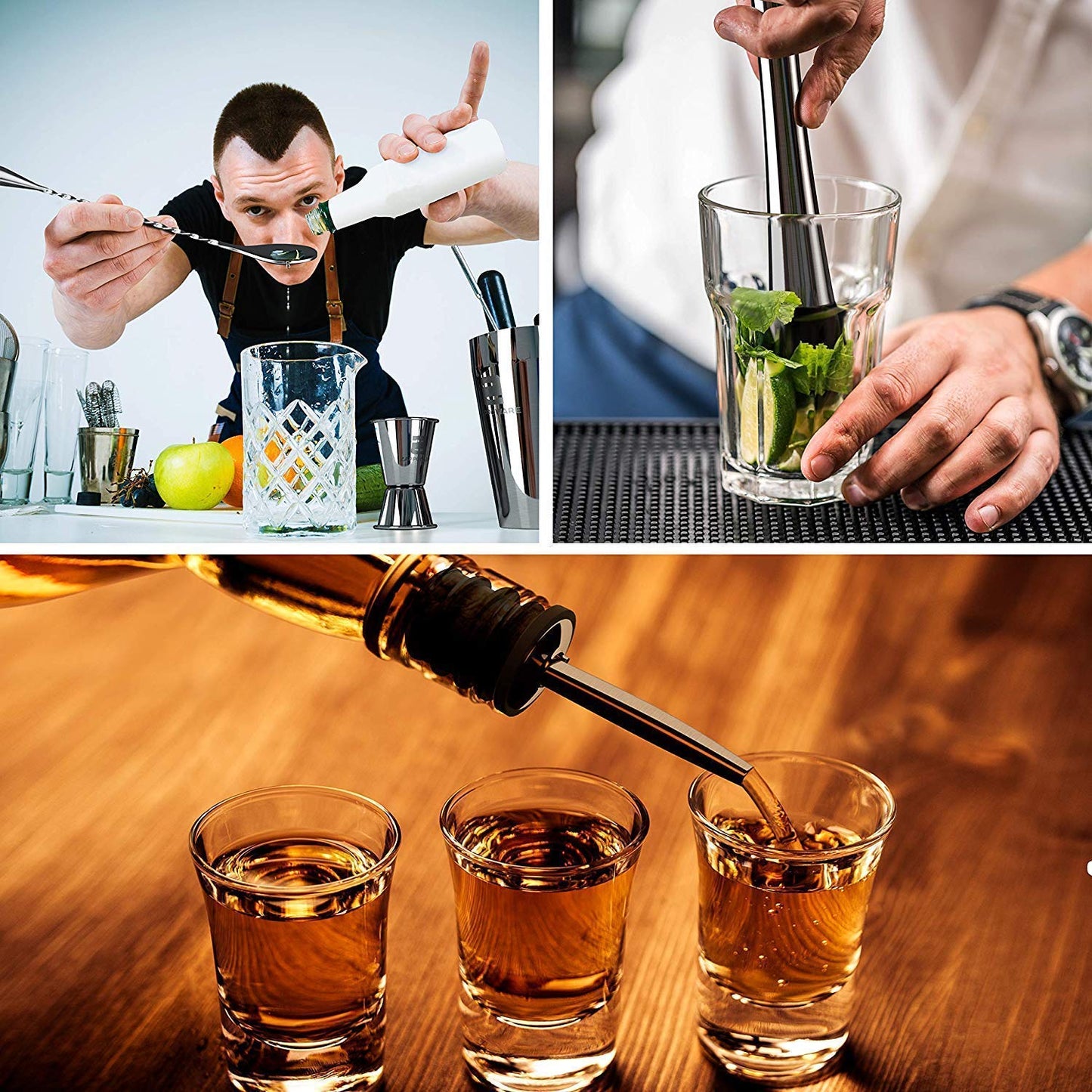 Rudra Exports Bar Tool Set Long Durable Muddler Pestle Liquor Pour and Mixing Spoon Jigger for Professional Grade Bar Tools Accessories: 5 Pcs Set