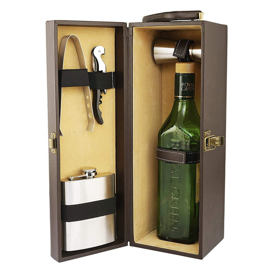 Rudra Exports Travel Bar Set |Portable Leatherette Bar Set | Wine Case |Whisky Case | Wooden Bar Set for Picnic |Portable Bar Accessories Set (Brown)