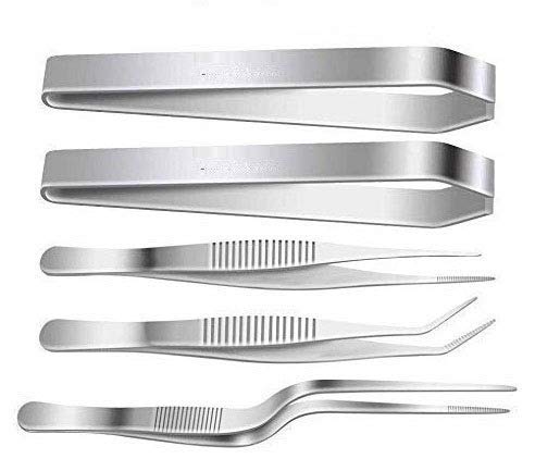 Rudra exports Stainless Steel Tongs Tweezers 3 Pcs 6.3 Inch Tweezers,4.7 Inch Flat and  Chef Cooking Utensils: 5 Pcs Set