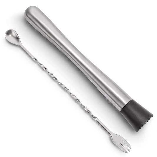Rudra Exports Stainless Steel Cocktail Muddler and Mixing Spoon, Muddler Bar Tool Set: 2 Pcs.