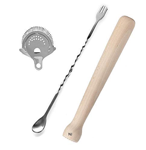 Rudra Exports Cocktail Muddler Set, Spiral Fork Mixing Spoon & No Prong Bar Strainer, Home Bar Bartender's Muddling Tool Set: 3 Pcs Set