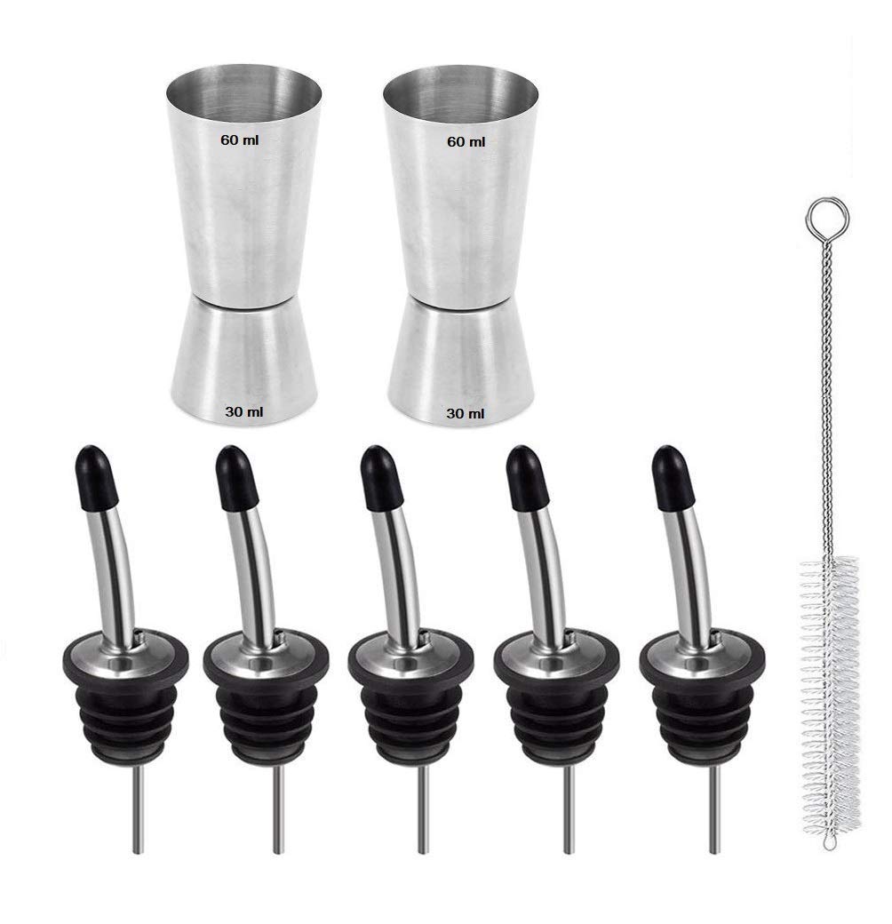 Rudra Exports Stainless Steel 5 Liquor Pour Spouts + 5 Black Dust Caps + 1 Cleaning Brush + 2 Peg Measurers for Cocktail Making: 13 Pcs Set