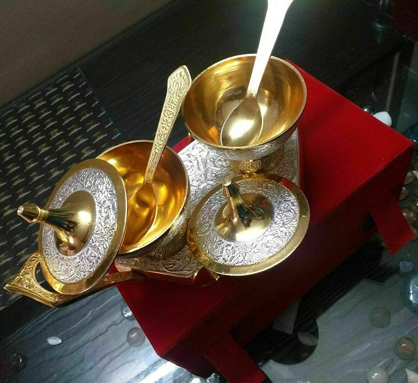 Rudra Exports Silver & Gold Plated Brass Bowl Set on Trolley Velvet Box Best Deepawali Gift