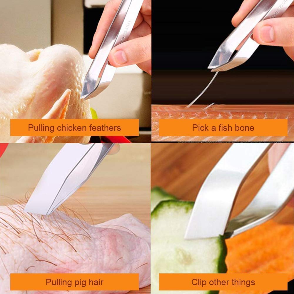 Rudra exports Stainless Steel Tongs Tweezers 3 Pcs 6.3 Inch Tweezers,4.7 Inch Flat and  Chef Cooking Utensils: 5 Pcs Set