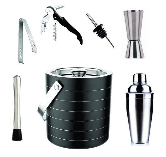 Rudra  Exports BarWare 7 Pieces Bar Set of Double Wall Ice Bucket, Ice Tong, Measuring Jig, Whiskey Pourer, Cocktail Shaker, Muddler Stick, Wine Opener, Stainless Steel