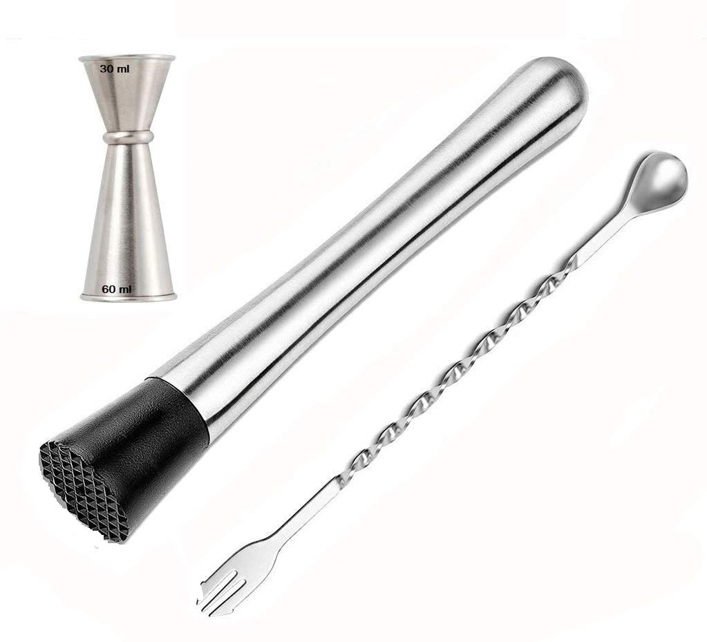 Rudra Exports Muddler Bar Tool Set, Cocktail Muddler to debug Cocktails, Drinks, Juices, Double Side Mixed Spoon, Japanese Jigger 30-60 ml:3 Pcs Set