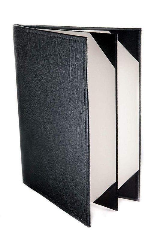 Rudra Exports Restaurant Leather Menu Covers Holders 9x12" Inches 3 panel 4 view folder, Menu Presenters for Restaurants with Photo Album-Style Corners: Black
