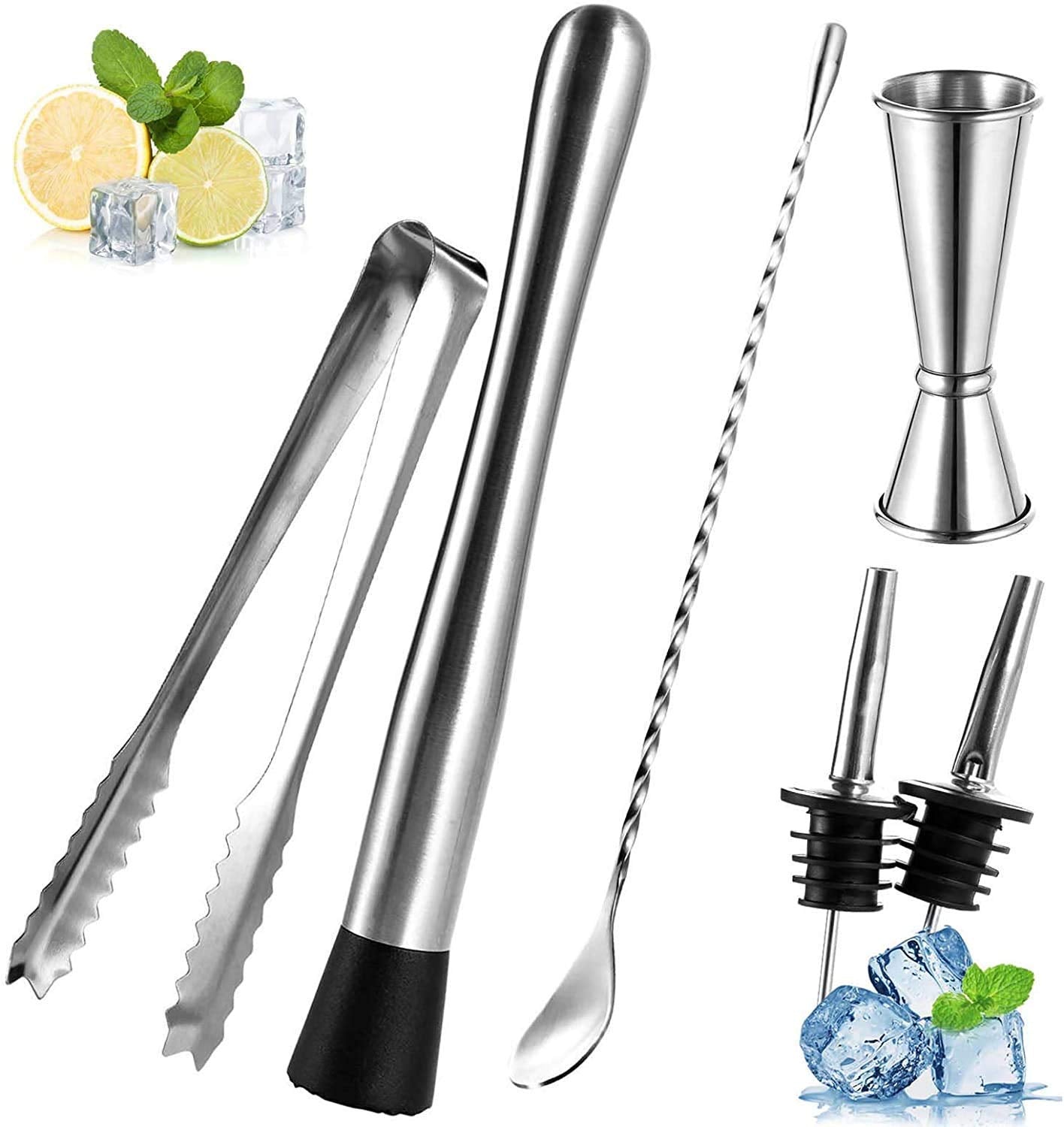 Rudra Exports Stainless Steel Cocktail Muddler Peg Measurer Jigger 30 and 60 ml, Liquor Bottle Pourers Mixing Spoons Ice Tongs 6 Pcs Set