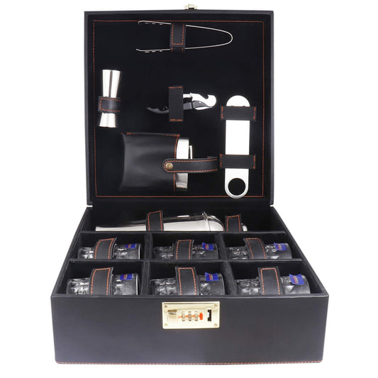 Rudra Exports Leatherette Bar Set |Premium Bar Set  Handy Portable Leatherette Bar Set for car, Travel Bar Set | 6 Whiskey Glasses (Black)