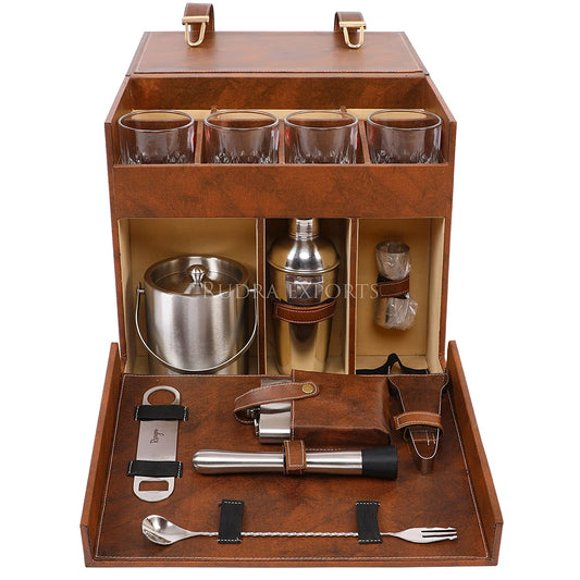 Rudra Exports Table Top Vegan Leather Portable Bar Box with Accessories Set & 4 Whisky Glasses | Min Bar for Home (Brown & Brown)