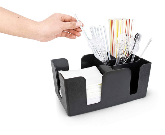 Rudra Exports Bar Caddy Organizer with 6 Compartments, Bar Condiment Caddy Organizer with Compartment of Napkin Holder & Straw Holder - Black