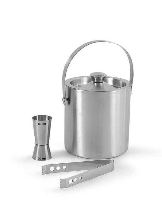 Rudra Exports Stainless Steel Silver Bar Set | Bar Tools | Bar Accessories Set of 3 Pieces | Ice Bucket | Ice Tong | Peg Measure - Ideal for Party