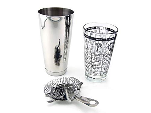 Rudra Exports Professional Stainless Steel Bar Set, Boston Shaker Set (Cocktail Shaker, Mixing Glass, and Hawthorne Strainer): 3 Pcs Set