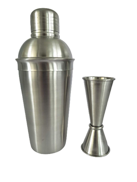 Rudra Exports Stainless Steel Plain Bar Set Bar Accessories Set of 2 Pieces | Cocktail Shaker with Japanese Peg Measure