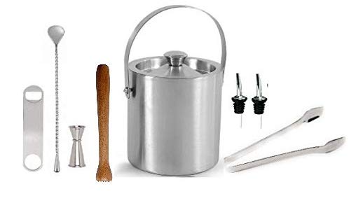Rudra Exports Bar Set for Drink : Ice Bucket Peg Measurer 30-60 ml Teardrop Bar Spoon Ice Tong Bottle Opener Pourer Woden Muddler: 8 Pcs Set