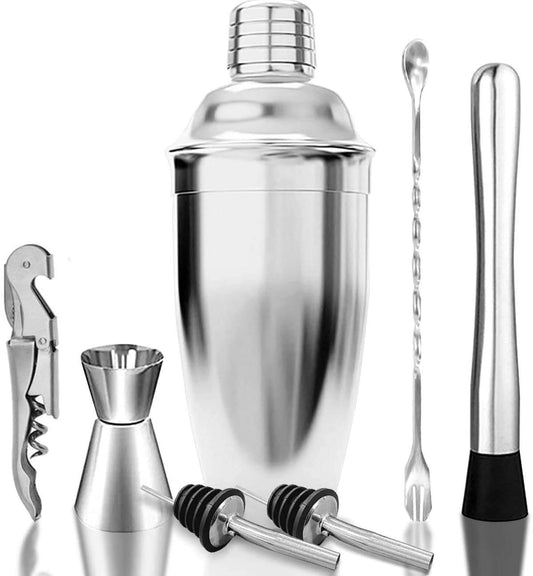 Rudra Exports Premium Cocktail Shaker Bar Tools Set Stainless Steel Martini Mixer Measuring Jigger Mixing Spoon 2 Pourers Muddler & Corkscrew