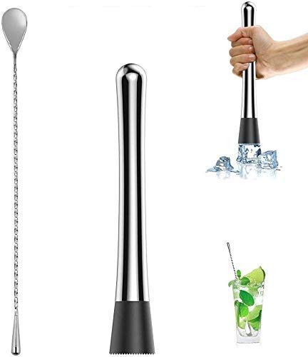 Rudra Exports Cocktail Bar Muddler 8", Stainless Steel Drink Muddler & Mixing Spoon 12" with Long Spiral Handle to Create Refreshing Drinks : 2 Pcs.