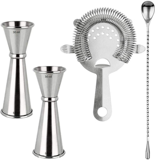 Rudra Exports Cocktail Tools, Bartender Kit, 2 Pcs Double Japanese Peg Measurer (30-60 ml) and 1 Pc. Teardrop Mixing Spoon, 1 Cocktail Strainer: 4 PCS
