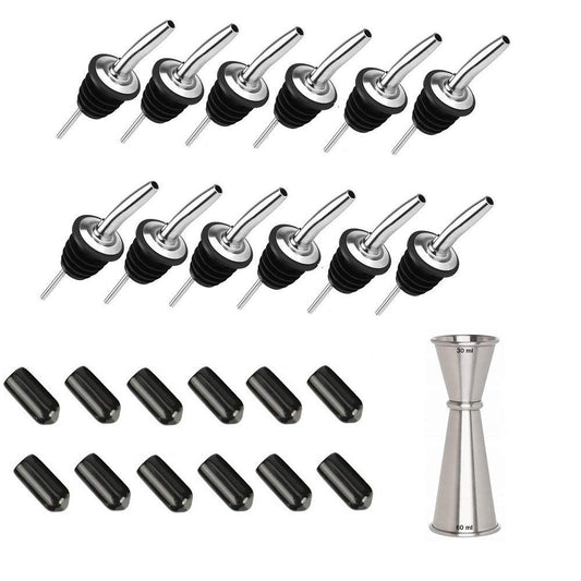 Rudra Exports Bottle Pourers  Wine Pourer Perfect for Restaurant, Bar, Hotel, Kitchen with Black Dust Covers and Japanese Peg Measurer 30 60 ml 25 Set