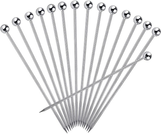Rudra ExportsCocktail Picks 304 Stainless Steel Martini Olive Skewers Reusable Sticks Appetizer - 4.3 Inches, 15 Pcs (Small Ball)