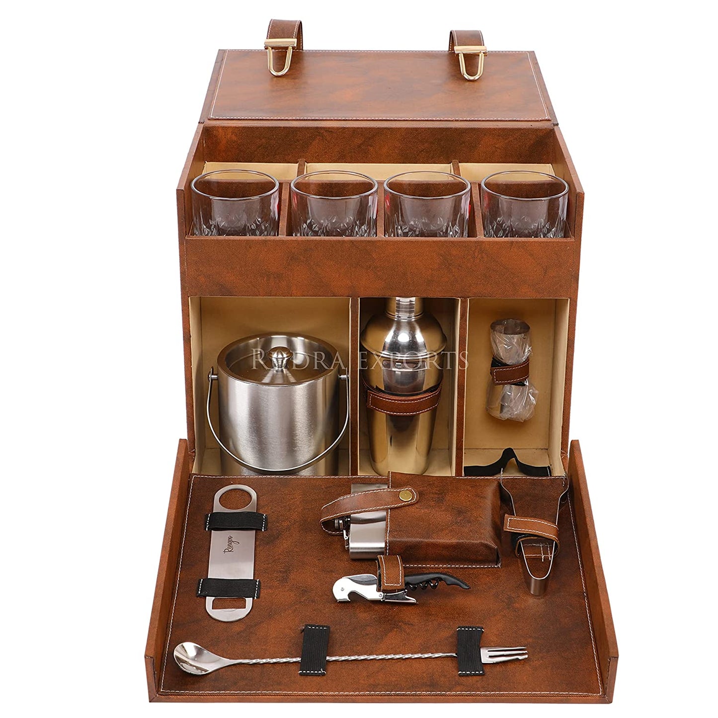 Rudra Exports Leatherette Portable Bar Box with Accessories Set & 4 Whisky Glasses I Travel Bar Set | Portable bar Set I Mini Bar for Home (Brown)