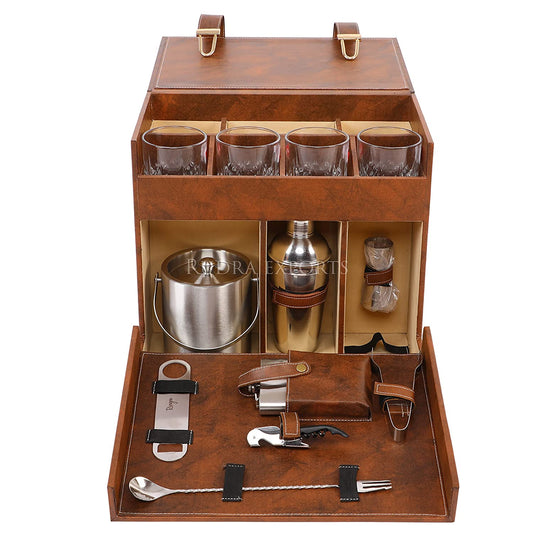 Rudra Exports Leatherette Portable Bar Box with Accessories Set & 4 Whisky Glasses I Travel Bar Set | Portable bar Set I Mini Bar for Home (Brown)