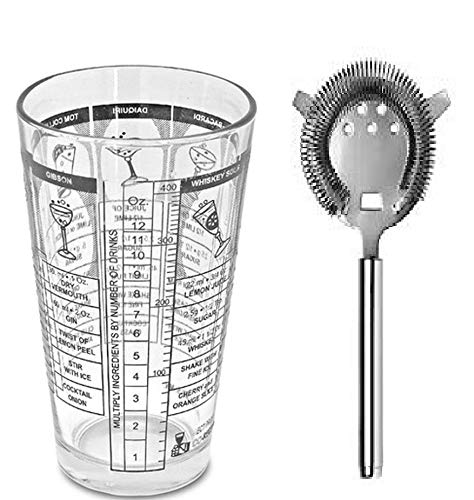 Rudra Exports Cocktail Mixing Glass with Recipes Mixing,Printed Recipes Mixing Cocktail Shaker Glass with Cocktail Strainer
