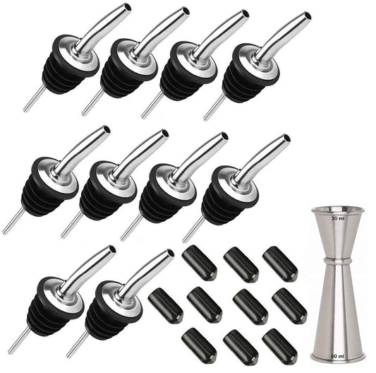 Rudra Exports Bottle Pourers for Olive Oil, Wine Pourer with Black Dust Covers and Japanese Peg Measurer 30-60 ml 21 Pcs Set