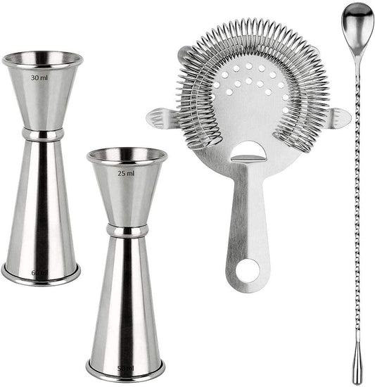 Rudra Exports Cocktail Tools, Bartender Kit, 2 Pcs Double Japanese Peg Measurer (30-60 ml) and 1 Pc. Teardrop Mixing Spoon, 1 Cocktail Strainer: 4 PCS