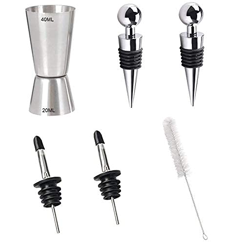 Rudra Exports Peg Measures 30/60 ml Jigger Measure Cup with 2Pcs Bottle Stopper, 2Pcs Bottle Pourers & 1Pc Cleaning Brush