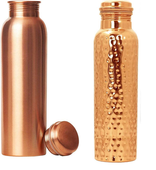 Rudra Exports Pure Copper Water Bottle and Hammered Copper Water Bottle 1000 ML (Set of 2)