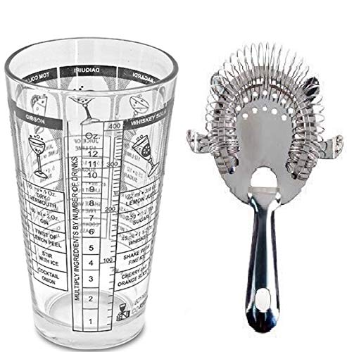 Rudra Exports Transparent Cocktail Mixing Glass with Printed Recipes Mixing and 4 Pong Strainer