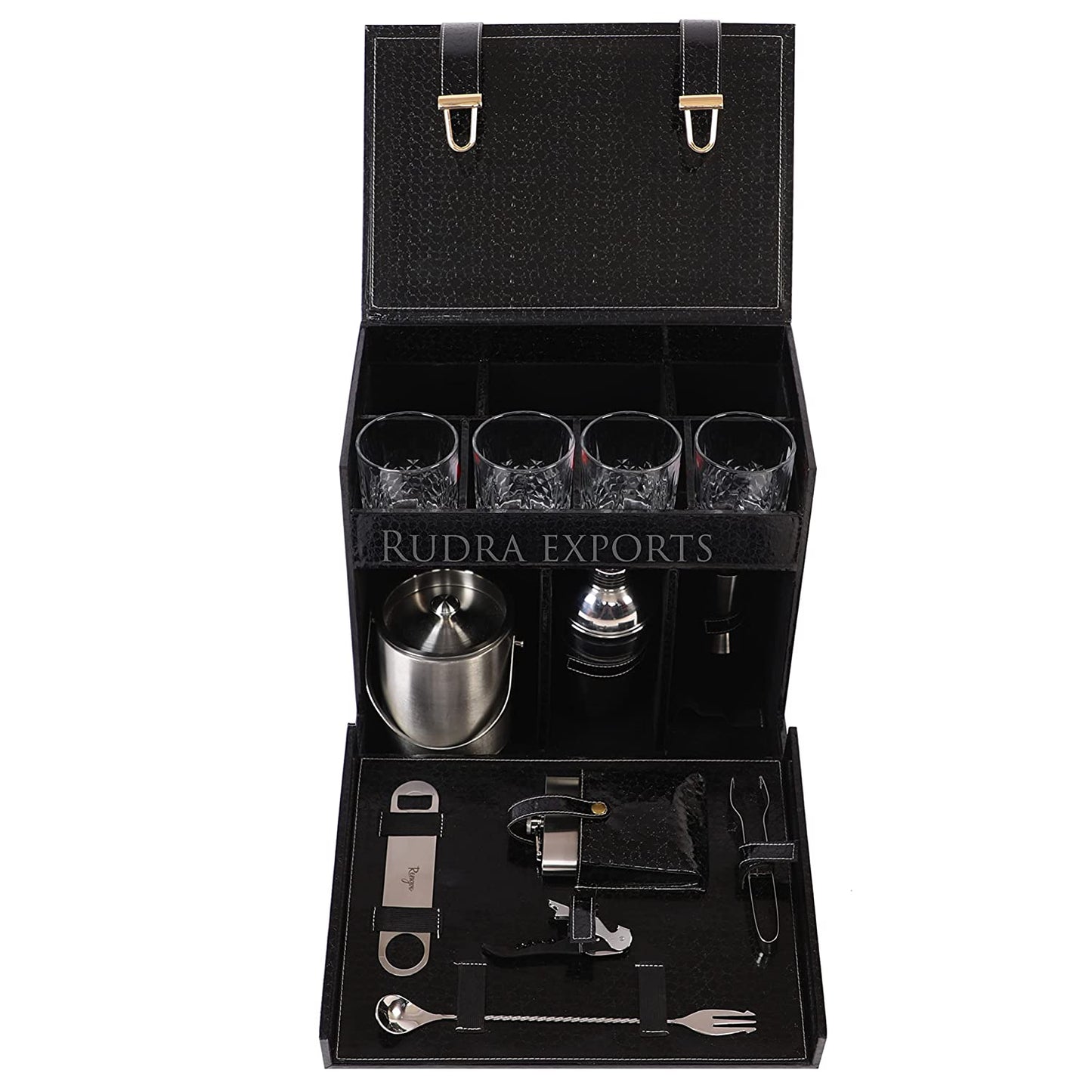 Rudra Exports Portable Bar Set, Travel Bar Set, Leatherette Portable Bar Box with Accessories Set & 4 Whisky Glasses | Mini Bar for Home (Black)