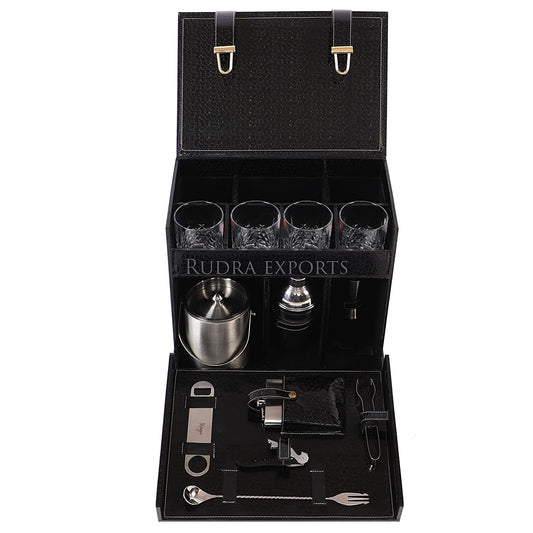 Rudra Exports Portable Bar Set, Travel Bar Set, Leatherette Portable Bar Box with Accessories Set & 4 Whisky Glasses | Mini Bar for Home (Black)