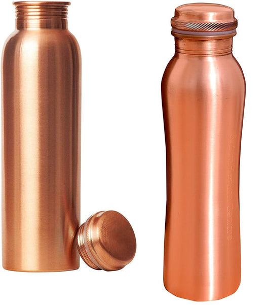 Rudra Exports Pure Copper Water Bottle and Curve Design Copper Water Bottle 1 Litre (Set of 2)