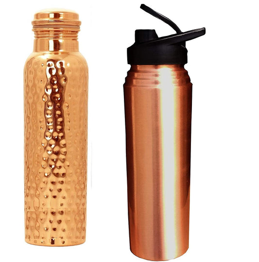Rudra Exports Copper Sipper and Hammered Pure Copper Bottle 1000 ML(Set of 2)