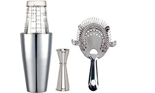 Rudra Exports Professional Stainless Steel Bar Boston Shaker Set,4 Prong Shaker, Mixing Glass, Japanese Jigger and Cocktail Strainer): 4 Piece Set