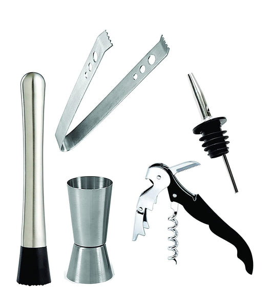 Rudra Exports Set of 5 Pieces Bar Tools, Muddler Stick, Ice Tong, Peg Measuring Jig, Wine Opener, Whiskey Pourer, (Stainless Steel, Silver)