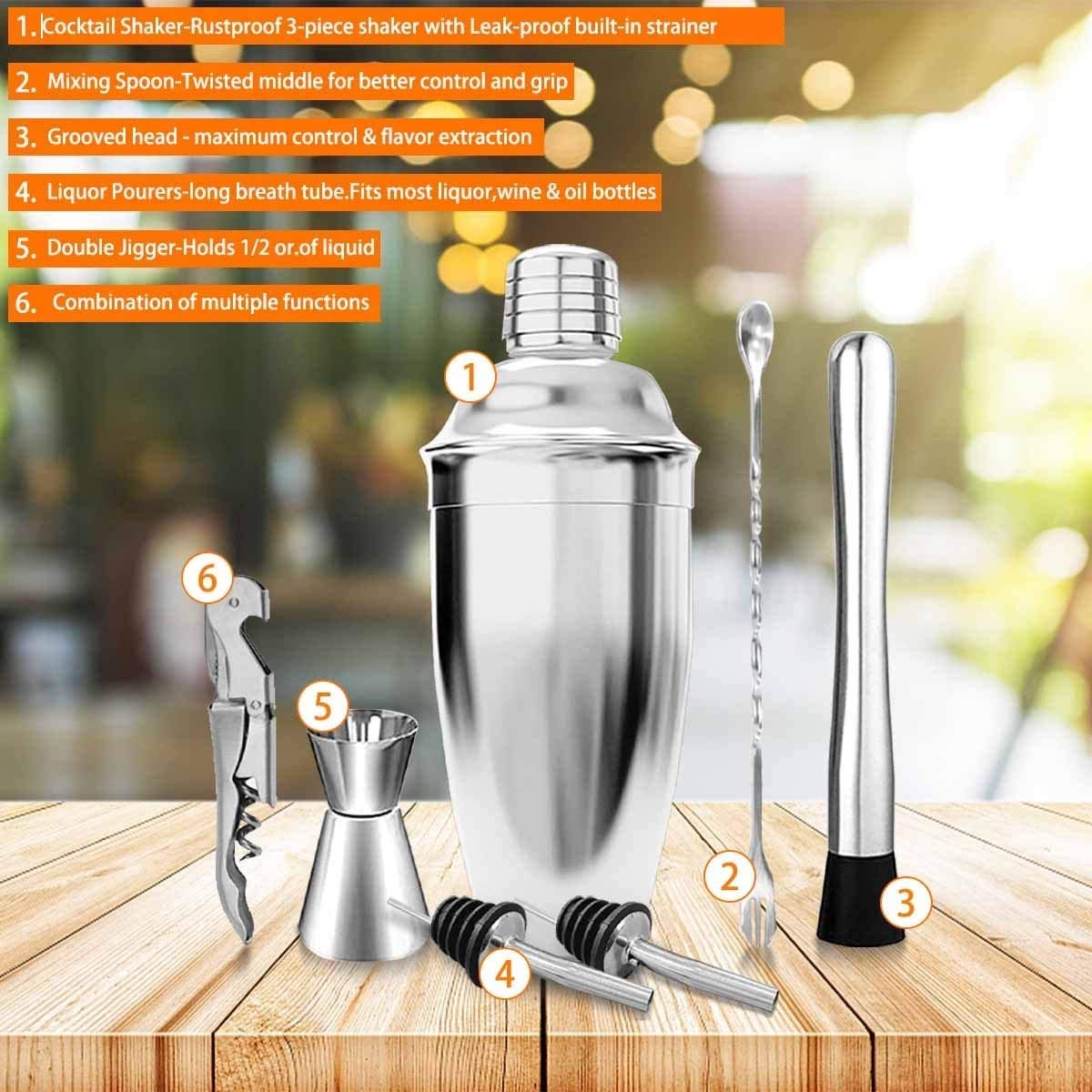 Rudra Exports Premium Cocktail Shaker Bar Tools Set Stainless Steel Martini Mixer Measuring Jigger Bartender Lovers Perfect Gift