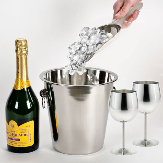 Rudra exports Stainless Steel Champagne Bucket, Ice Picker and Goblet Glass Bar Set, 4 Piece, Silver