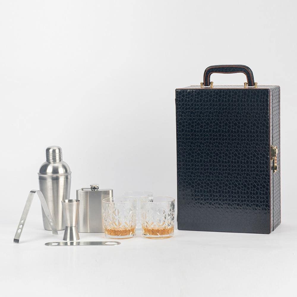 Rudra Exports Croc Print Vegan Leathers Bar Set | Premium Bar Set Portable Leatherette Bar Set for car | 3 Whiskey Glasses - Black & Beige