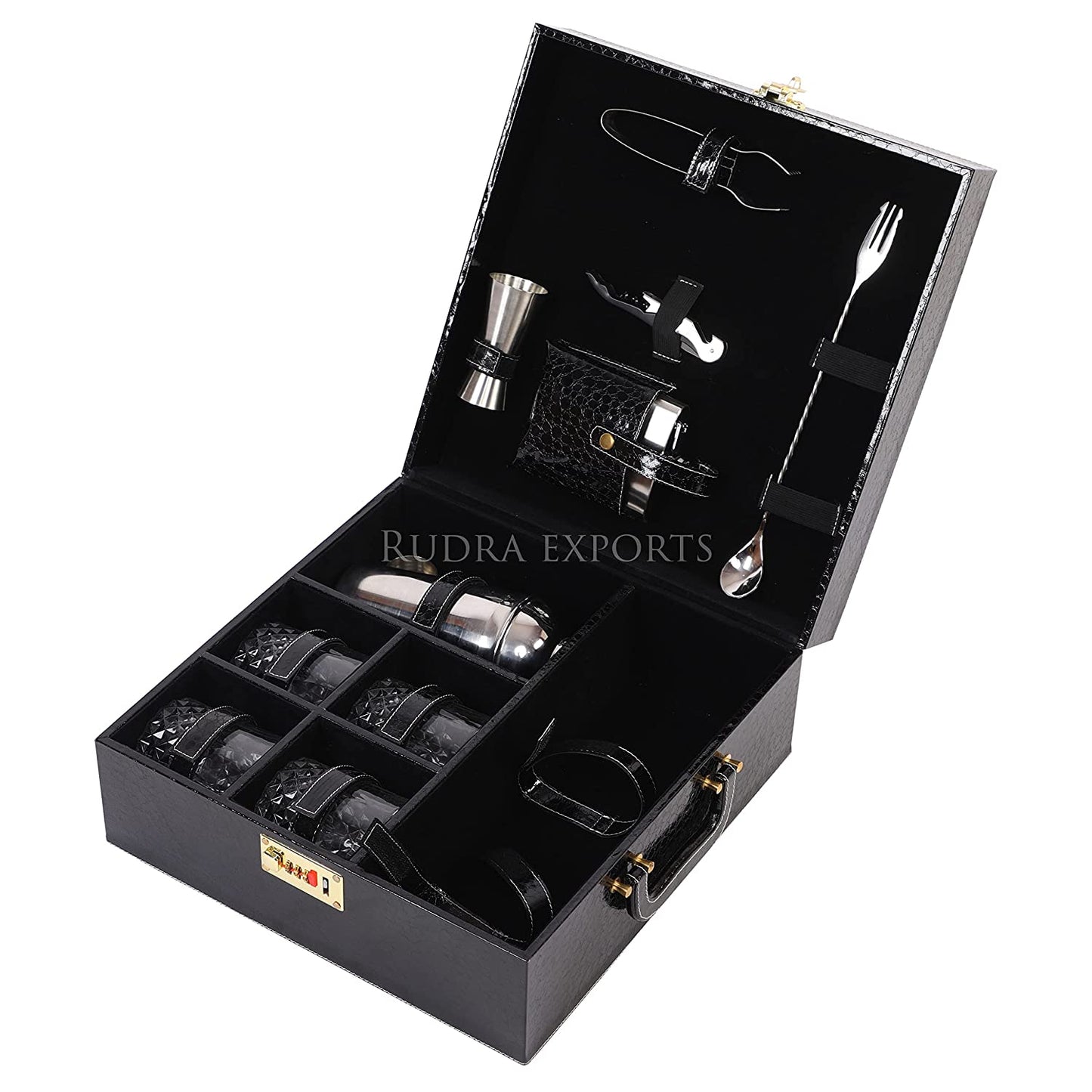 Rudra Exports Portable Leatherette Bar Set | Wine Case |Wooden Bar Set for Picnic | Travel Bar Set (Holds 01 Bottle & 04 Whisky Glasses) Black