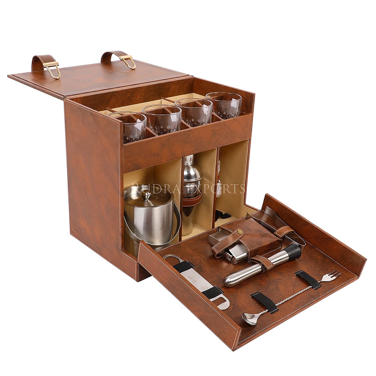 Rudra Exports Table Top Vegan Leather Portable Bar Box with Accessories Set & 4 Whisky Glasses | Min Bar for Home (Brown & Brown)