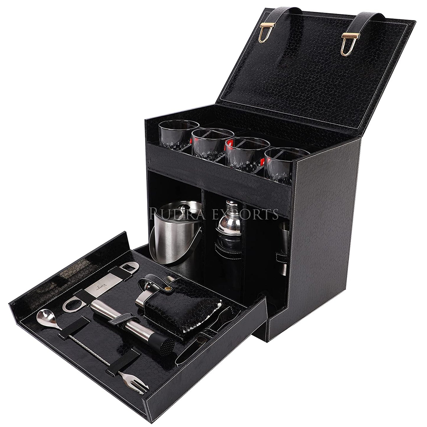 Rudra Exports Table Top Vegan Leather Portable Bar Box with Accessories Set & 4 Whisky Glasses | Min Bar for Home (Black)