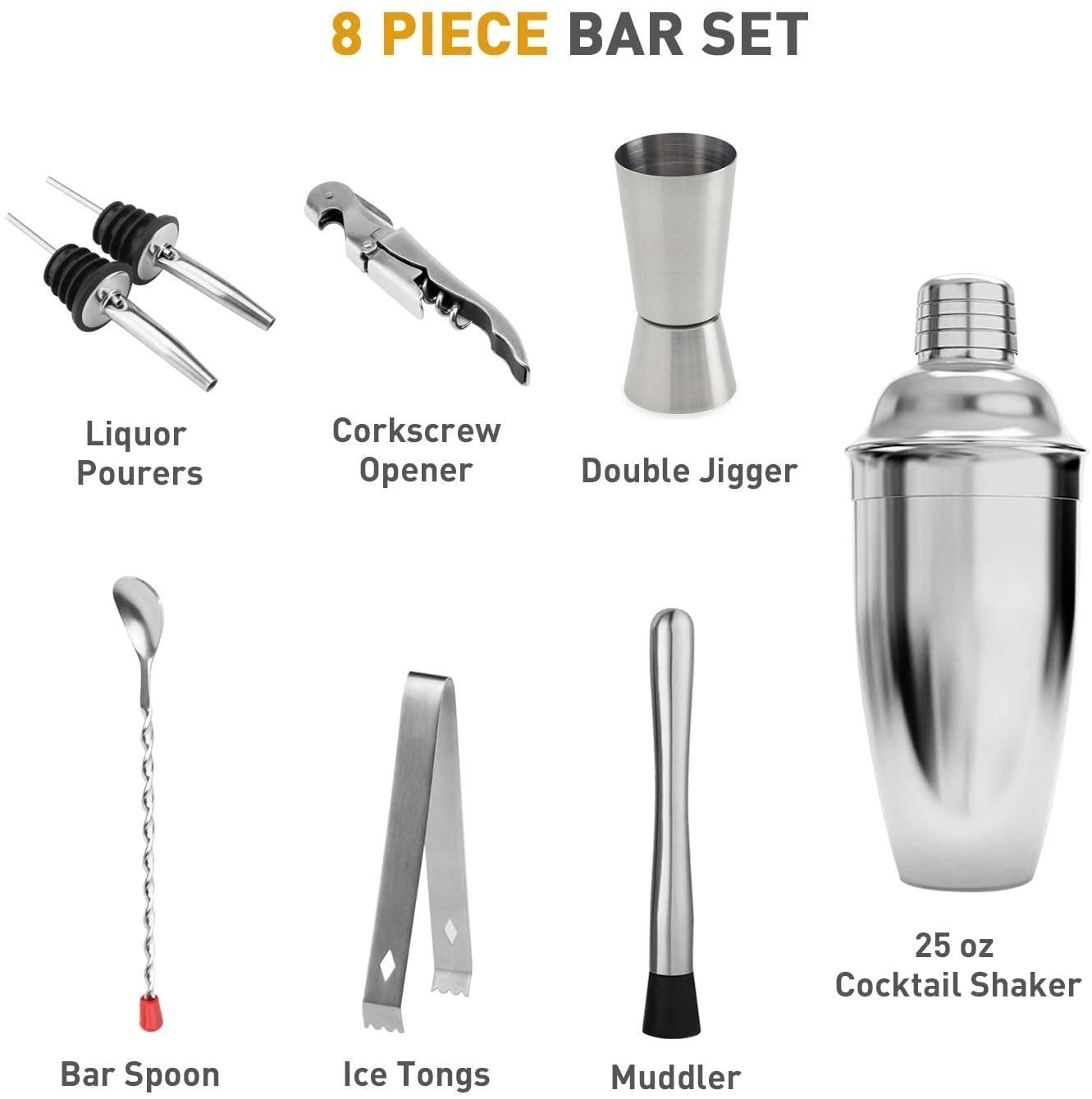 Rudra Exports Cocktail Shaker Set 8 Piece Basic Bartender Kit for Drink Mixing Martini